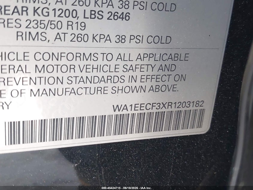 2024 Audi Q3 VIN WA1EECF3XR1203182 IAAI salvage auction — REAR END, Wait Title, sold $12,500 on 2026-08-21 (photo 9)