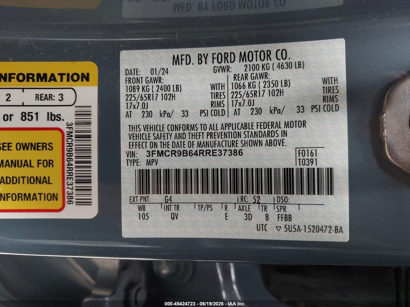 2024 Ford Bronco sport VIN 3FMCR9B64RRE37386 IAAI salvage auction — REAR END, Salvage Title, sold $10,500 on 2026-08-18 (photo 9)