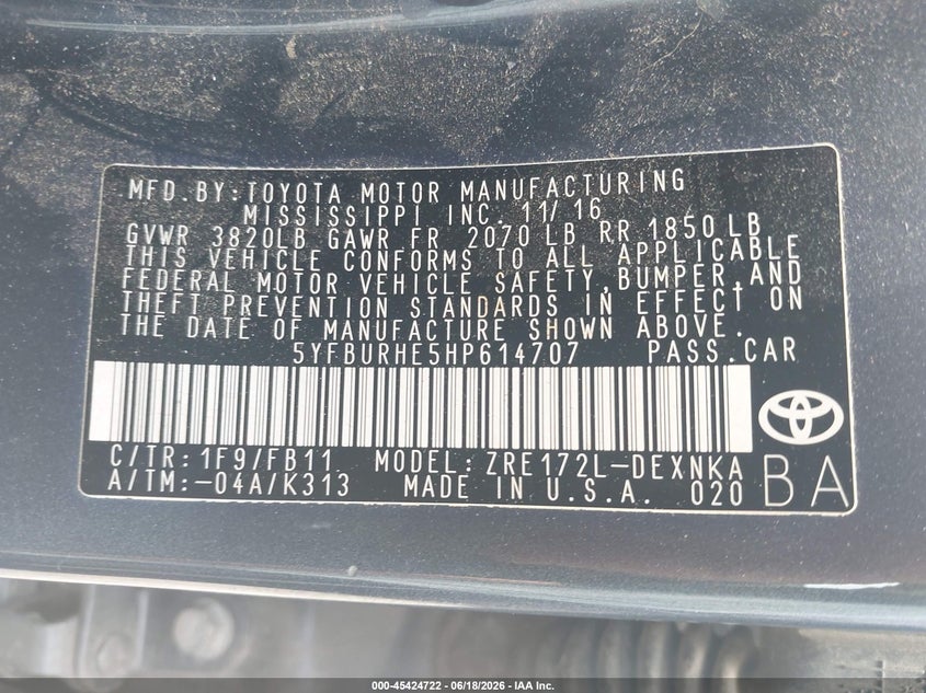 2017 Toyota Corolla VIN 5YFBURHE5HP614707 IAAI salvage auction — FRONT END, Salvage Title, sold $2,400 on 2026-07-29 (photo 9)