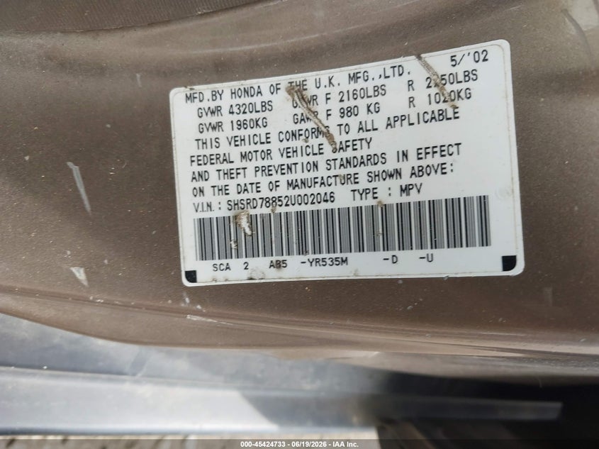 2002 Honda Cr-v VIN SHSRD78852U002046 IAAI salvage auction — RIGHT FRONT, Clear (Virginia), sold $450 on 2026-07-08 (photo 9)