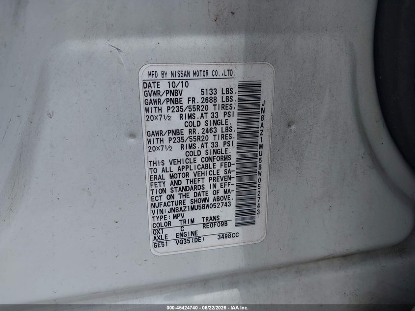 2011 Nissan Murano VIN JN8AZ1MU5BW052743 IAAI salvage auction — FRONT END, Clear (Virginia), sold $300 on 2026-07-14 (photo 9)
