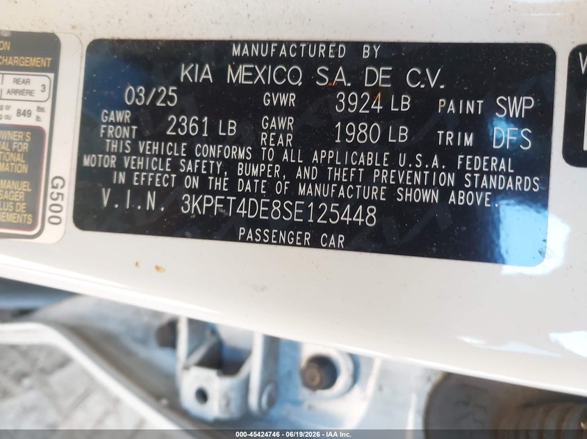 2025 Kia K4 VIN 3KPFT4DE8SE125448 IAAI salvage auction — REAR END, Salvage (Arizona), sold $7,250 on 2026-07-28 (photo 9)