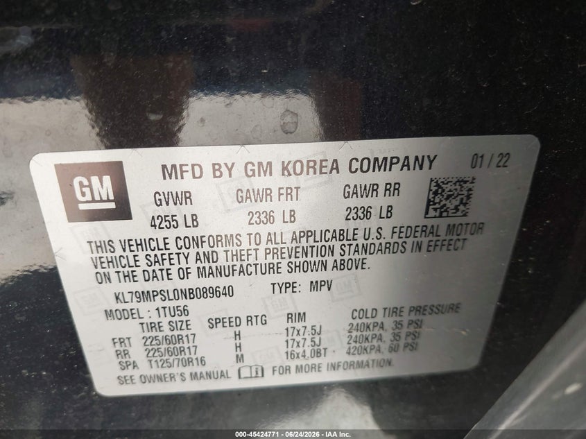 2022 Chevrolet Trailblazer VIN KL79MPSL0NB089640 IAAI salvage auction — HAIL, Salvage Title, sold $6,100 on 2026-07-17 (photo 9)