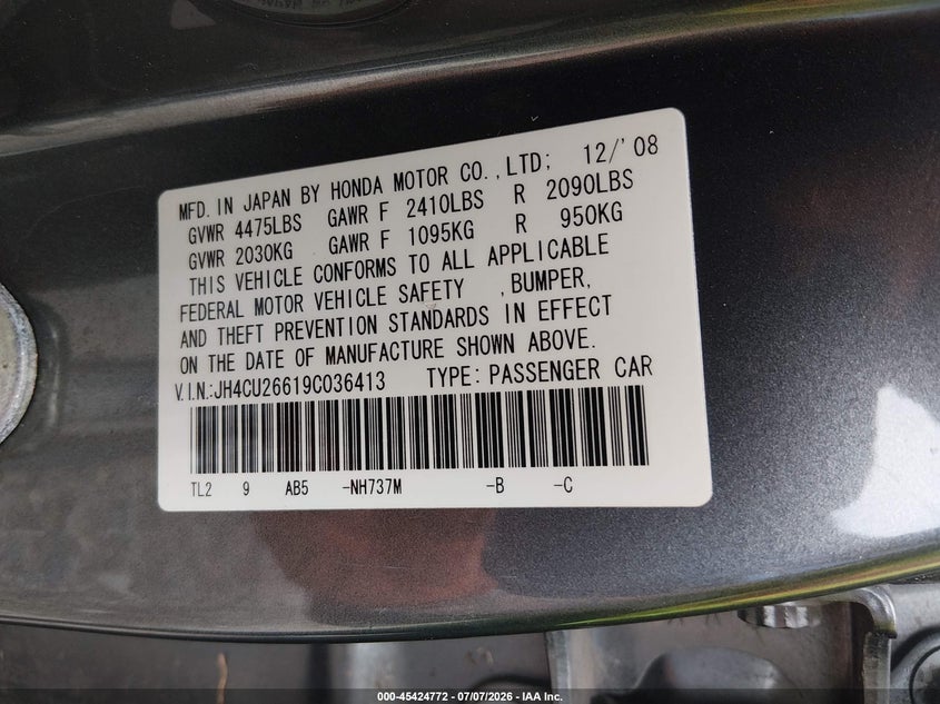 2009 Acura Tsx VIN JH4CU26619C036413 IAAI salvage auction — WATER/FLOOD, Salvage (Louisiana), sold $25 on 2026-07-29 (photo 9)
