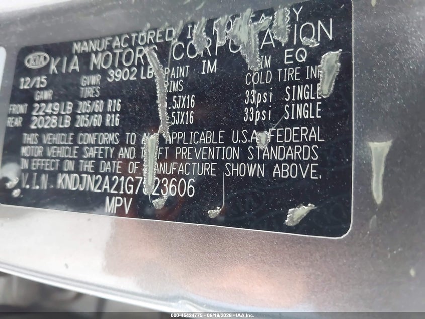 2016 Kia Soul VIN KNDJN2A21G7323606 IAAI salvage auction — REAR END, Salvage (California), sold $775 on 2026-07-09 (photo 9)