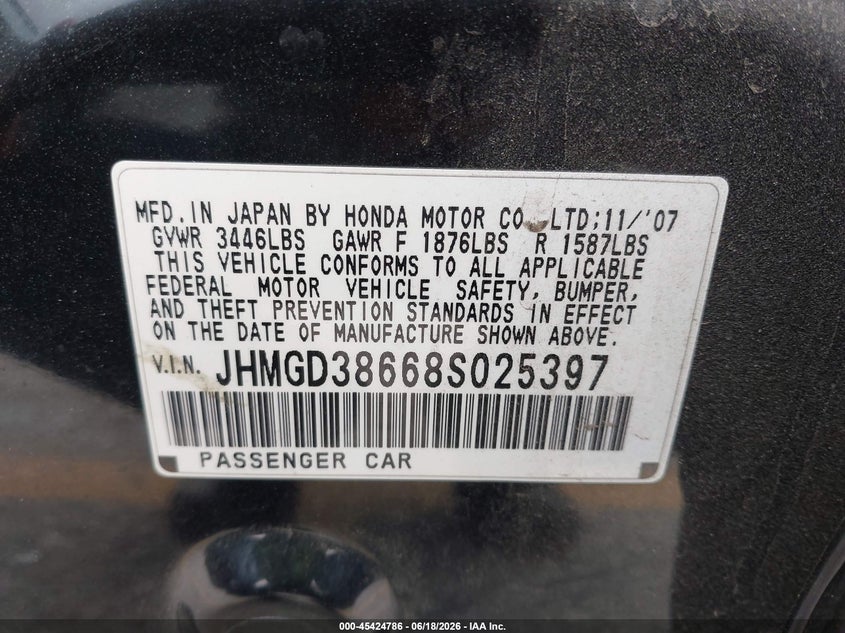 2008 Honda Fit VIN JHMGD38668S025397 IAAI salvage auction — RIGHT SIDE, Salvage (California), sold $650 on 2026-07-07 (photo 9)
