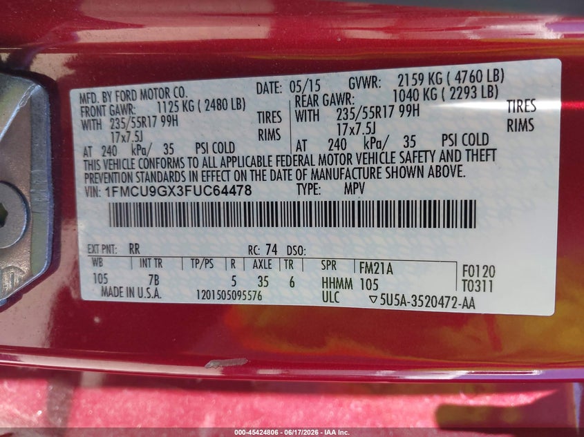 2015 Ford Escape VIN 1FMCU9GX3FUC64478 IAAI salvage auction — NORMAL WEAR, Clear-Dealer Only (Washington), sold $1,000 on 2026-07-09 (photo 9)
