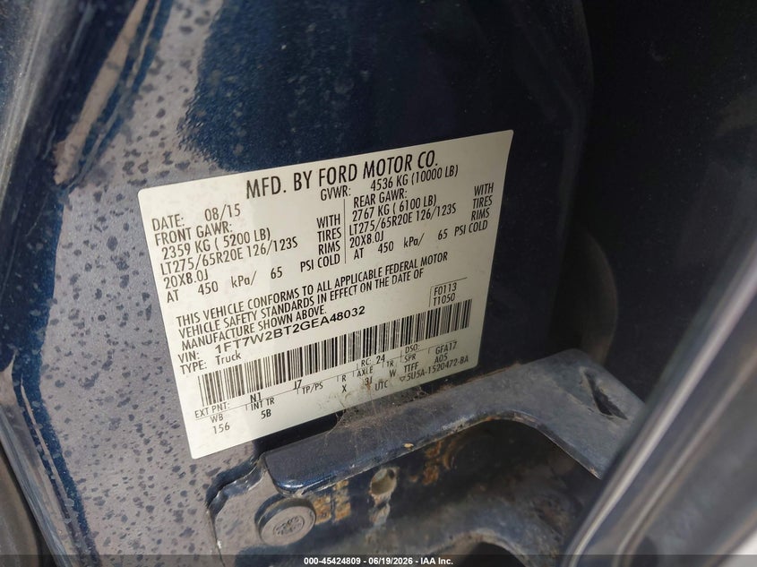 2016 Ford F250 VIN 1FT7W2BT2GEA48032 IAAI salvage auction — WATER/FLOOD, Salvage Title, sold $7,300 on 2026-07-30 (photo 9)