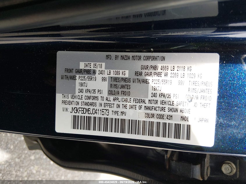 2018 Mazda Cx-5 VIN JM3KFBDM6J0411573 IAAI salvage auction — REAR END, Salvage Title, sold $25 on 2026-07-29 (photo 9)