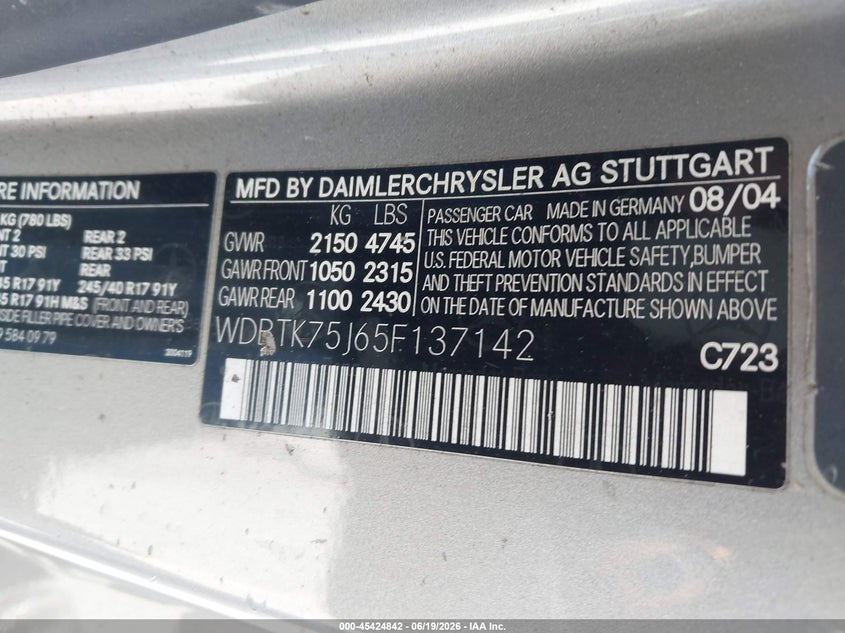 2005 Mercedes-benz Clk-klasse VIN WDBTK75J65F137142 IAAI salvage auction — NORMAL WEAR, Salvage (California), sold $1,200 on 2026-07-06 (photo 9)