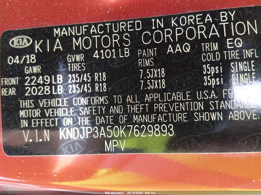 2019 Kia Soul VIN KNDJP3A50K7629893 IAAI salvage auction — REAR END, Salvage Title, sold $550 on 2026-07-29 (photo 9)