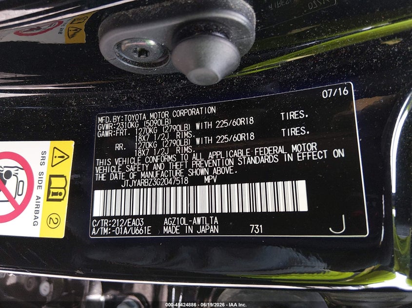 2016 Lexus Nx VIN JTJYARBZ3G2047518 IAAI salvage auction — ROLLOVER, Salvage (Georgia), sold $4,050 on 2026-07-24 (photo 9)