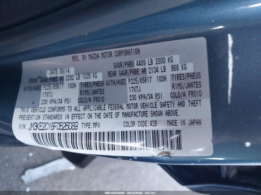 2015 Mazda Cx-5 VIN JM3KE2CY8F0526089 IAAI salvage auction — LEFT SIDE, Salvage Title, sold $3,125 on 2026-07-17 (photo 9)
