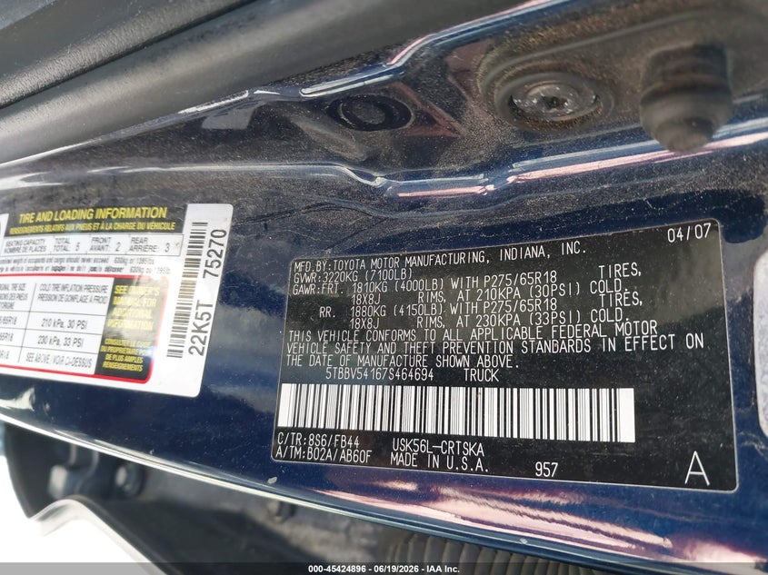 2007 Toyota Tundra VIN 5TBBV54167S464694 IAAI salvage auction — LEFT FRONT, Clear (Michigan), sold $2,975 on 2026-07-20 (photo 9)
