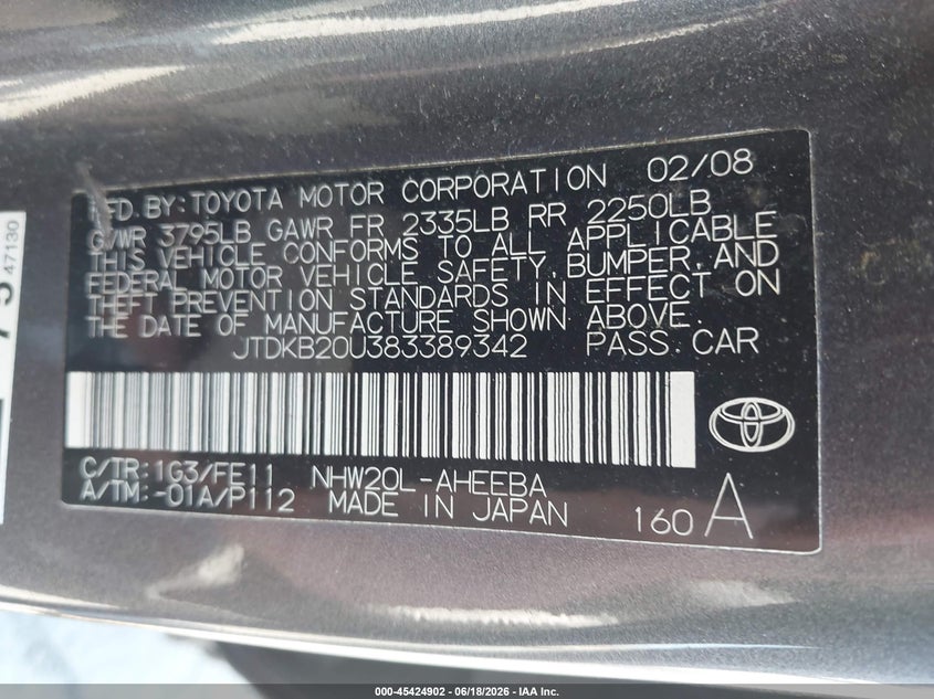 2008 Toyota Prius VIN JTDKB20U383389342 IAAI salvage auction — SIDE, Salvage (California), sold $1,250 on 2026-07-29 (photo 9)
