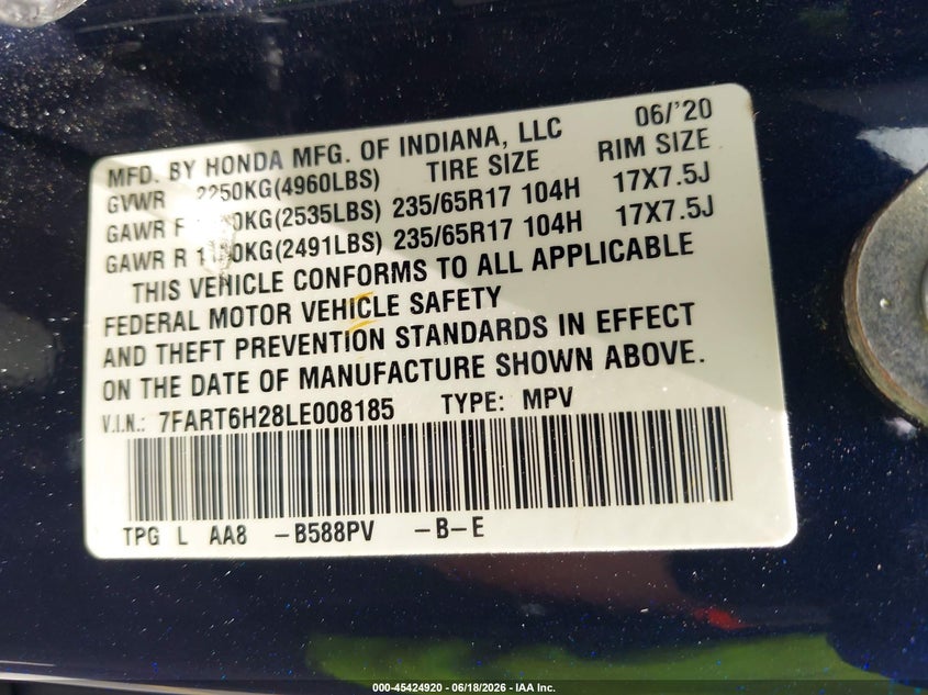 2020 Honda Cr-v VIN 7FART6H28LE008185 IAAI salvage auction — FRONT END, Certificate Of Destruction (Florida), sold $4,200 on 2026-07-13 (photo 9)