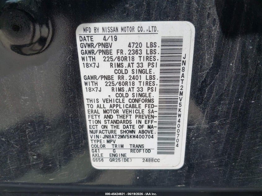 2019 Nissan Rogue VIN JN8AT2MV5KW400704 IAAI salvage auction — SIDE, Salvage (Pennsylvania), sold $3,700 on 2026-07-10 (photo 9)