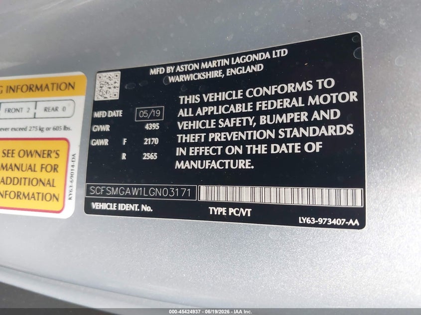 2020 Aston martin Vantage VIN SCFSMGAW1LGN03171 IAAI salvage auction — REAR END, Wait Title, sold $44,750 on 2026-10-07 (photo 9)