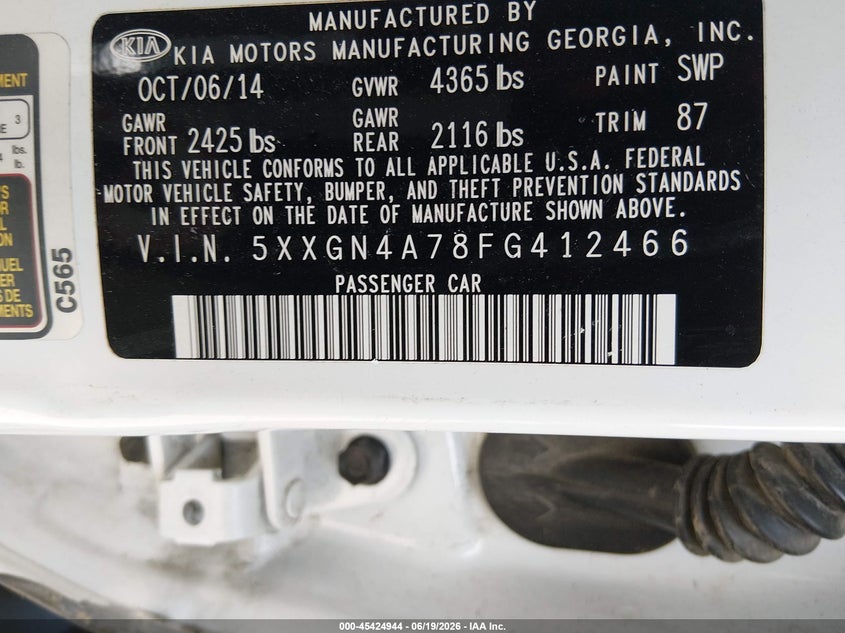 2015 Kia Optima VIN 5XXGN4A78FG412466 IAAI salvage auction — ROLLOVER, Salvage (South Carolina), sold $25 on 2026-07-29 (photo 9)