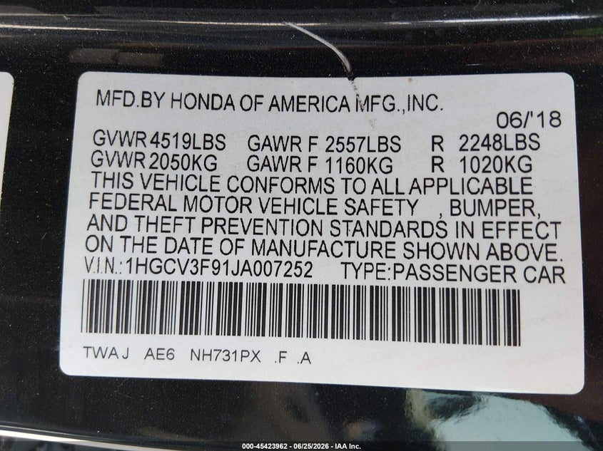 2018 Honda Accord VIN 1HGCV3F91JA007252 IAAI salvage auction — RIGHT SIDE, Salvage Title, sold $7,800 on 2026-07-28 (photo 9)