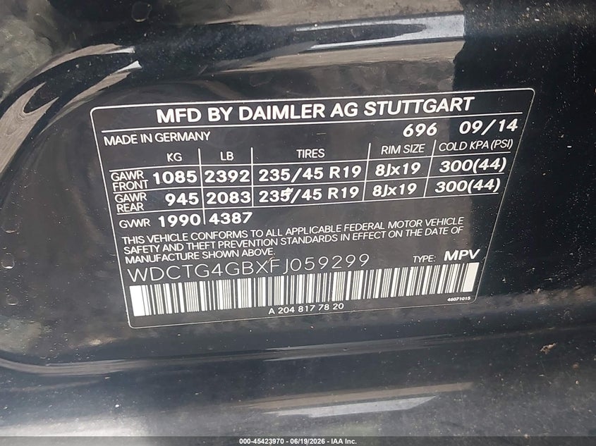 2015 Mercedes-benz Gla-klasse VIN WDCTG4GBXFJ059299 IAAI salvage auction — NORMAL WEAR, Clear (Delaware), sold $2,975 on 2026-07-06 (photo 9)