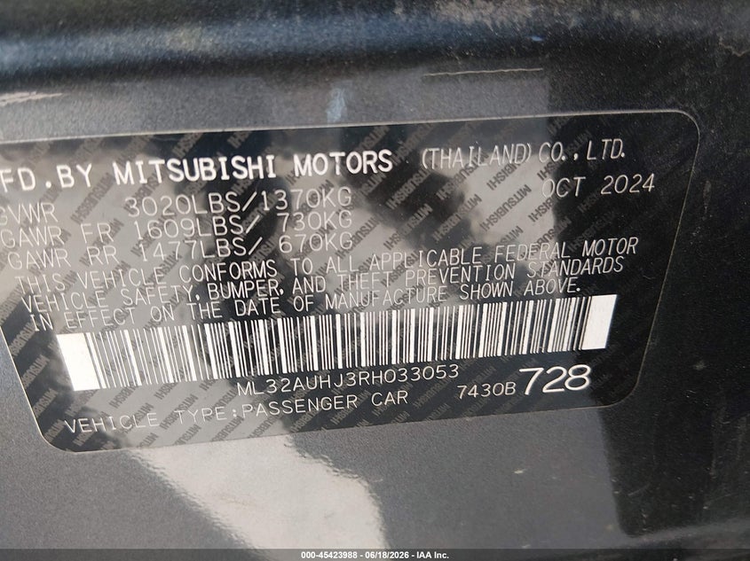 2024 Mitsubishi Mirage VIN ML32AUHJ3RH033053 IAAI salvage auction — LEFT SIDE, Salvage Title, sold $2,150 on 2026-07-20 (photo 9)