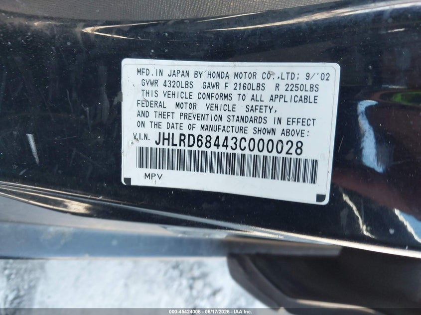 2003 Honda Cr-v VIN JHLRD68443C000028 IAAI salvage auction — NORMAL WEAR, Clear - Dealer Only (California), sold $1,825 on 2026-07-13 (photo 9)