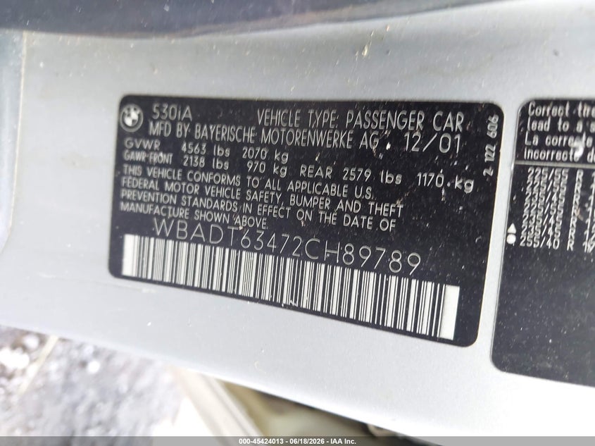 2002 BMW 5 series VIN WBADT63472CH89789 IAAI salvage auction — ROLLOVER, Mv-907A (New York), sold $400 on 2026-08-18 (photo 9)