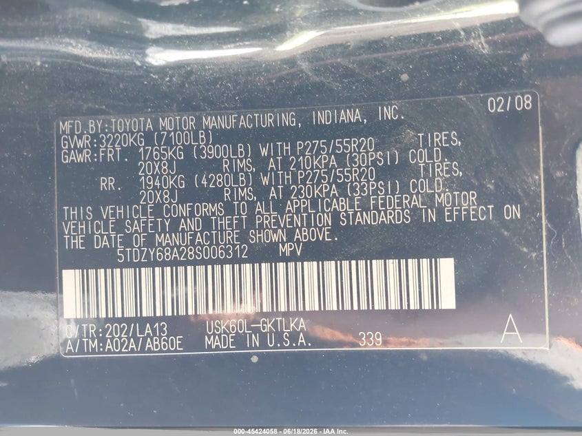 2008 Toyota Sequoia VIN 5TDZY68A28S006312 IAAI salvage auction — NORMAL WEAR, Original (Ohio), sold $1,700 on 2026-07-18 (photo 9)