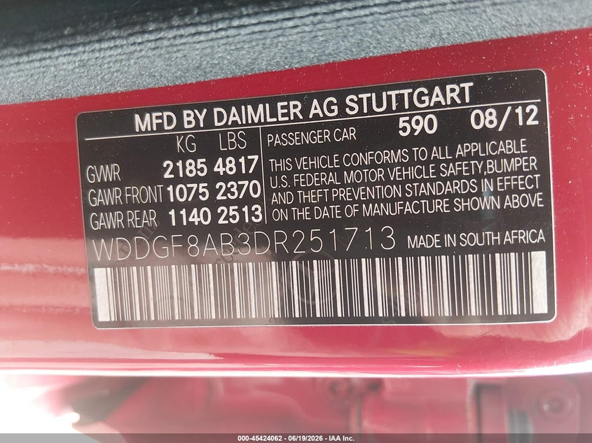2013 Mercedes-benz C-klasse VIN WDDGF8AB3DR251713 IAAI salvage auction — LEFT SIDE, Salvage (Rhode Island), sold $225 on 2026-07-28 (photo 9)