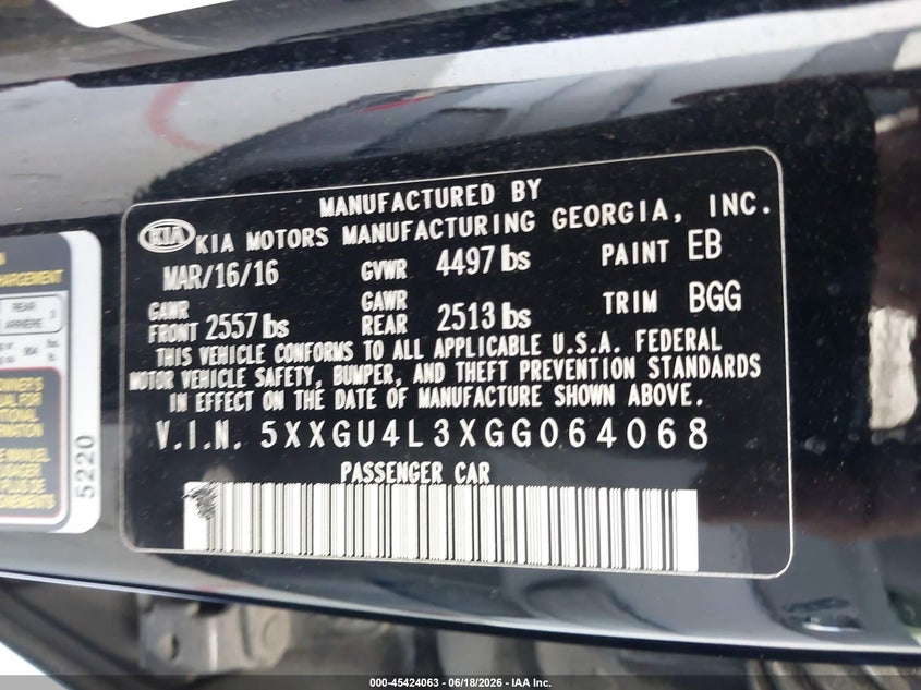 2016 Kia Optima VIN 5XXGU4L3XGG064068 IAAI salvage auction — RIGHT SIDE, Rebuildable (Florida), sold $1,050 on 2026-07-22 (photo 9)