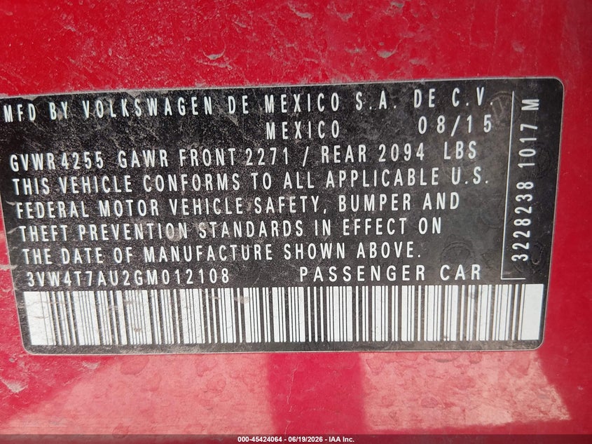 2016 Volkswagen Golf gti VIN 3VW4T7AU2GM012108 IAAI salvage auction — FRONT END, Salvage Title, sold $500 on 2026-07-28 (photo 9)