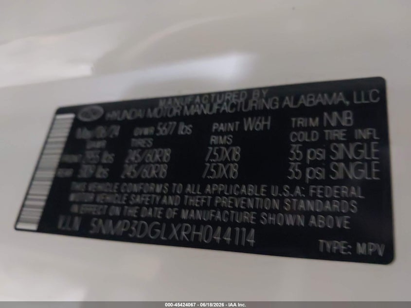2024 Hyundai Santa fe VIN 5NMP3DGLXRH044114 IAAI salvage auction — ALL OVER, Salvage Title, sold $8,550 on 2026-08-23 (photo 9)