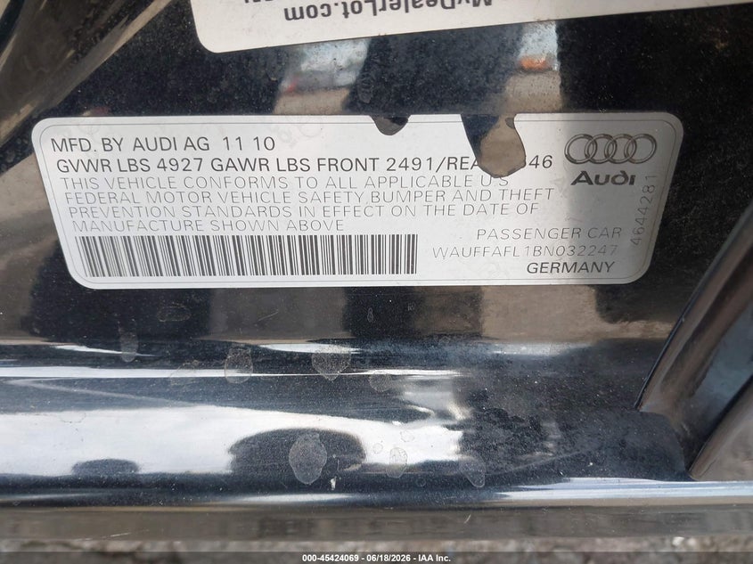 2011 Audi A4 VIN WAUFFAFL1BN032247 IAAI salvage auction — LEFT REAR, Salvage (Pennsylvania), sold $500 on 2026-07-10 (photo 9)