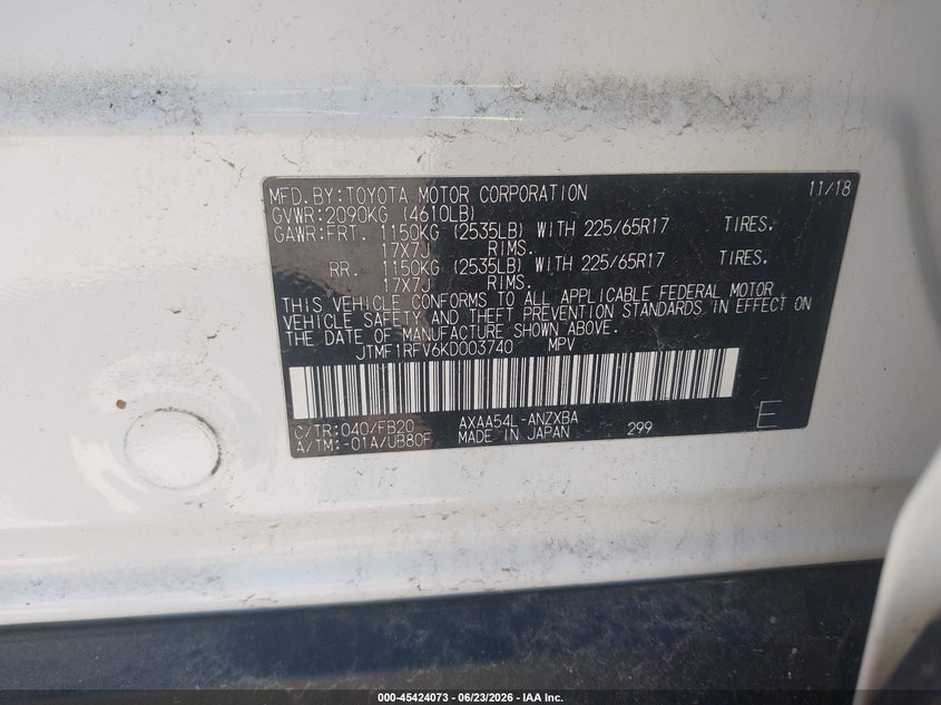 2019 Toyota Rav 4 VIN JTMF1RFV6KD003740 IAAI salvage auction — FRONT END, Salvage (Indiana), sold $6,850 on 2026-07-28 (photo 9)