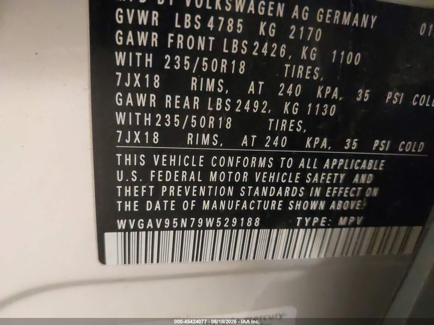 2009 Volkswagen Tiguan VIN WVGAV95N79W529188 IAAI salvage auction — NORMAL WEAR, Clear (Minnesota), sold $425 on 2026-07-15 (photo 9)
