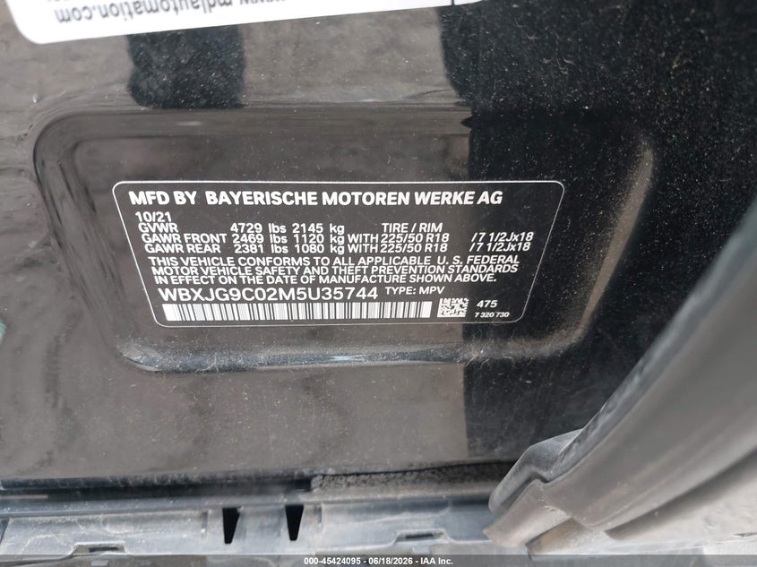 2021 BMW X1 VIN WBXJG9C02M5U35744 IAAI salvage auction — FRONT END, Salvage - 75% Or Less (Maryland), sold $6,150 on 2026-07-15 (photo 9)