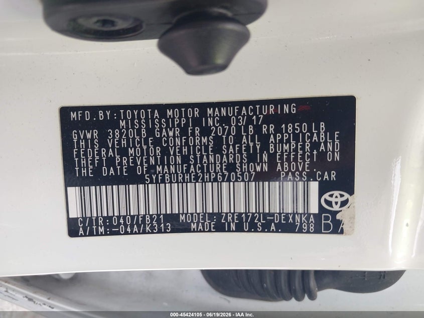 2017 Toyota Corolla VIN 5YFBURHE2HP670507 IAAI salvage auction — FRONT END, Salvage Title, sold $1,400 on 2026-07-20 (photo 9)
