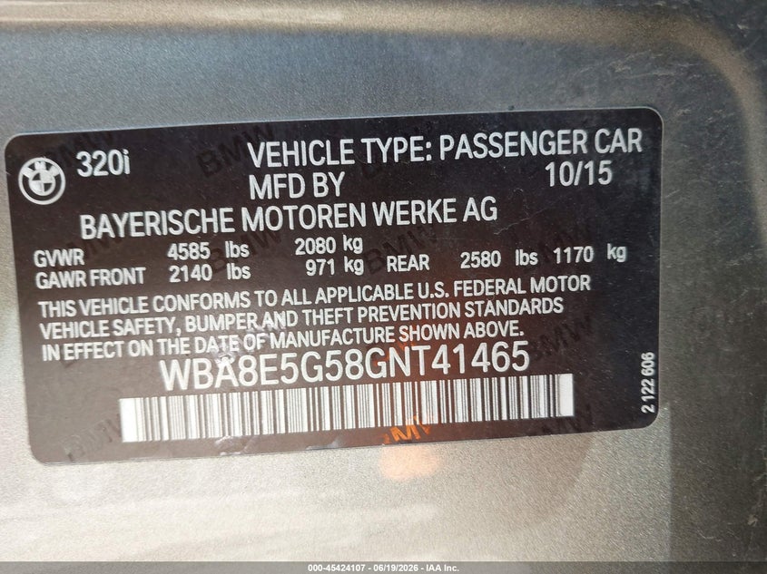 2016 BMW 3er VIN WBA8E5G58GNT41465 IAAI salvage auction — FRONT END, Clear (Michigan), sold $2,000 on 2026-07-16 (photo 9)
