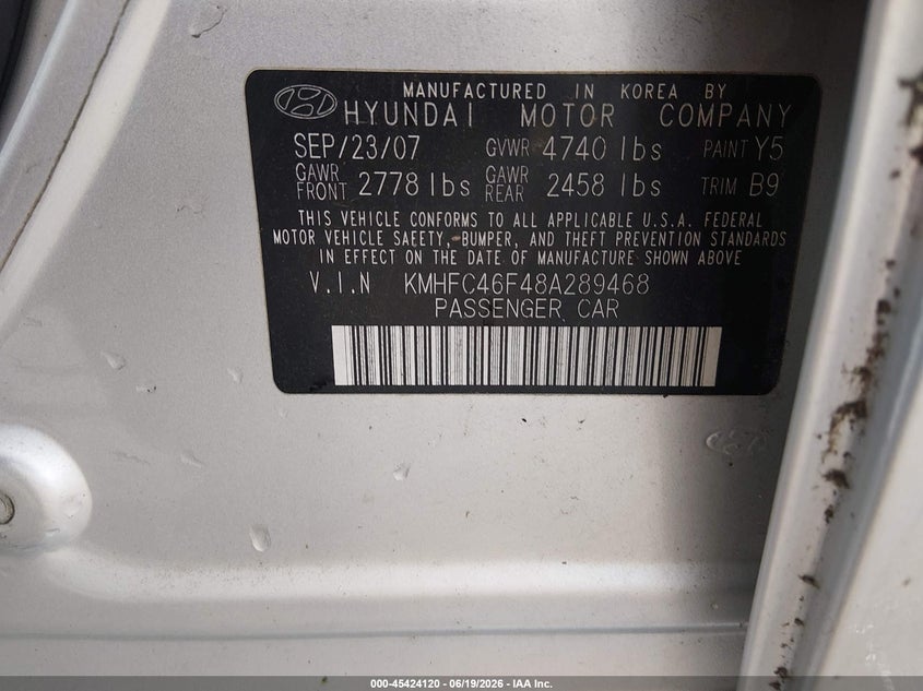 2008 Hyundai Azera VIN KMHFC46F48A289468 IAAI salvage auction — FRONT END, Salvage - Greater Than 75% (Maryland), sold $350 on 2026-07-09 (photo 9)