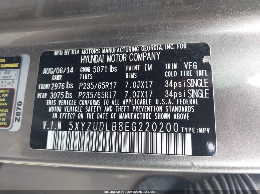 2014 Hyundai Santa fe VIN 5XYZUDLB8EG220200 IAAI salvage auction — REAR END, Salvage (New Jersey), sold $25 on 2026-07-29 (photo 9)