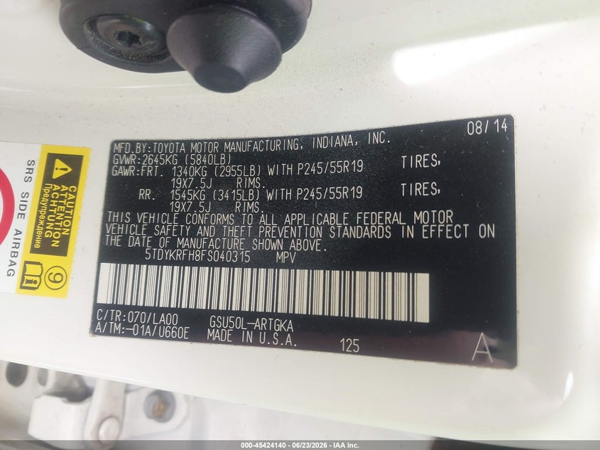 2015 Toyota Highlander VIN 5TDYKRFH8FS040315 IAAI salvage auction — FRONT END, Salvage (North Carolina), sold $6,100 on 2026-07-08 (photo 9)