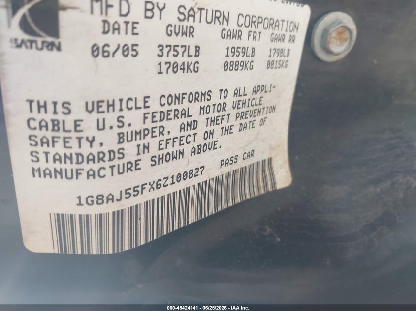 2006 Saturn Ion VIN 1G8AJ55FX6Z100827 IAAI salvage auction — NORMAL WEAR, Original (Ohio), sold $450 on 2026-07-08 (photo 9)
