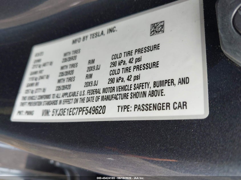 2023 Tesla Model 3 VIN 5YJ3E1EC7PF549620 IAAI salvage auction — FRONT END, Salvage (Georgia), sold $12,600 on 2026-09-07 (photo 9)