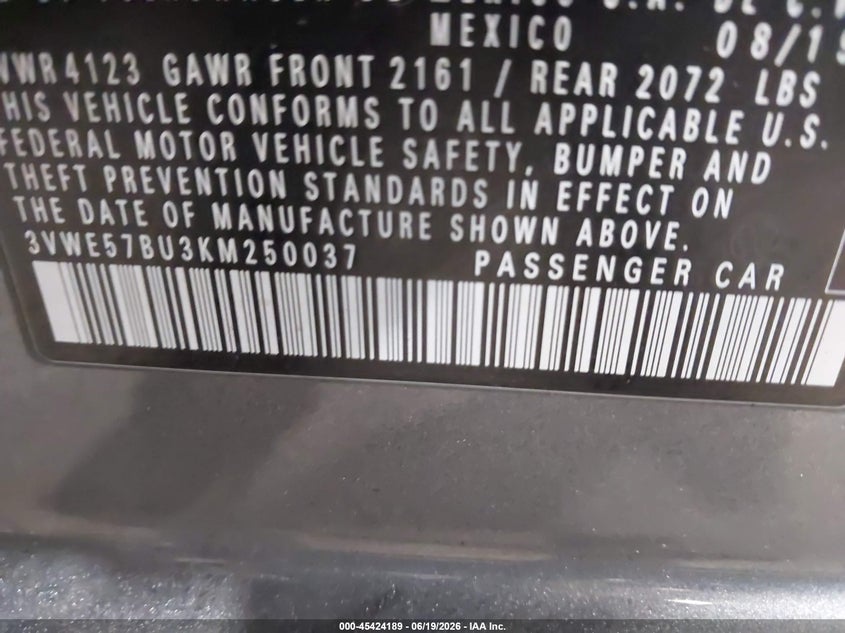 2019 Volkswagen Jetta VIN 3VWE57BU3KM250037 IAAI salvage auction — FRONT END, Salvage (Minnesota), sold $2,500 on 2026-08-02 (photo 9)