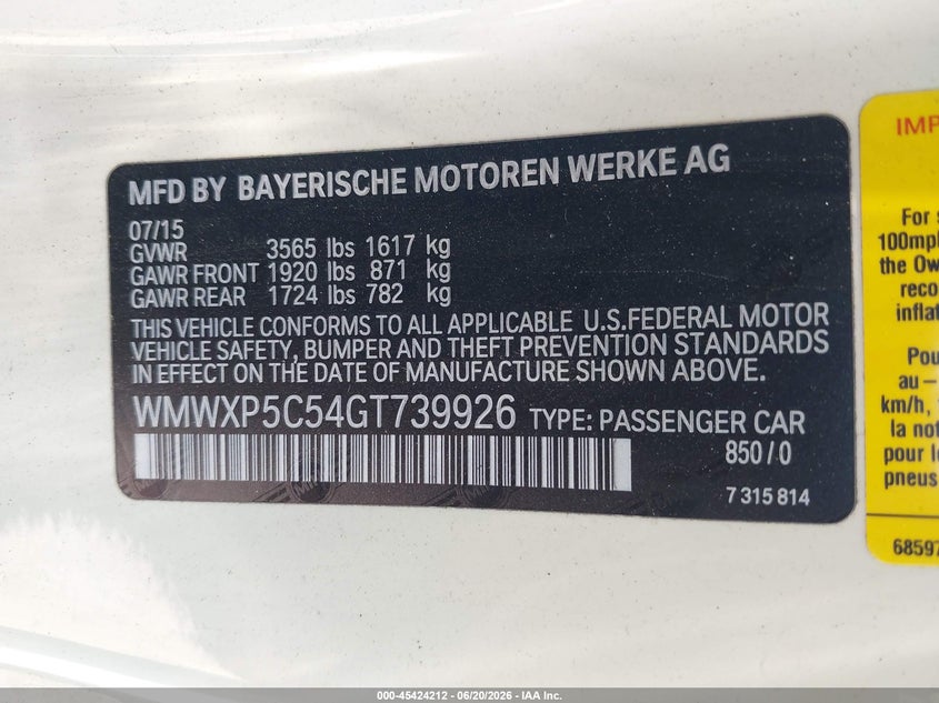 2016 Mini Hard top VIN WMWXP5C54GT739926 IAAI salvage auction — FRONT END, Mv-907A (New York), sold $450 on 2026-07-07 (photo 9)