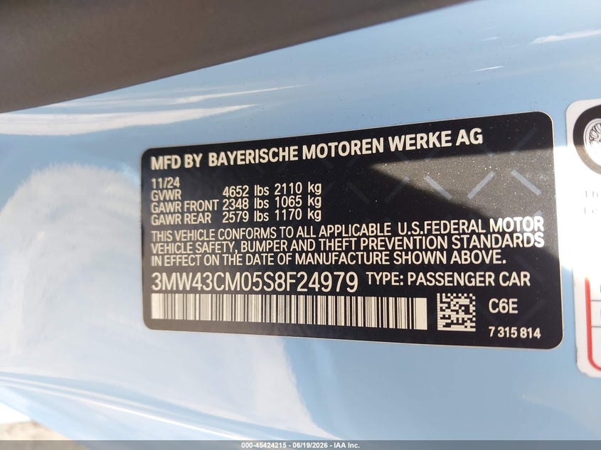 2025 BMW 2er VIN 3MW43CM05S8F24979 IAAI salvage auction — REAR END, Salvage Title, sold $19,300 on 2026-07-26 (photo 9)