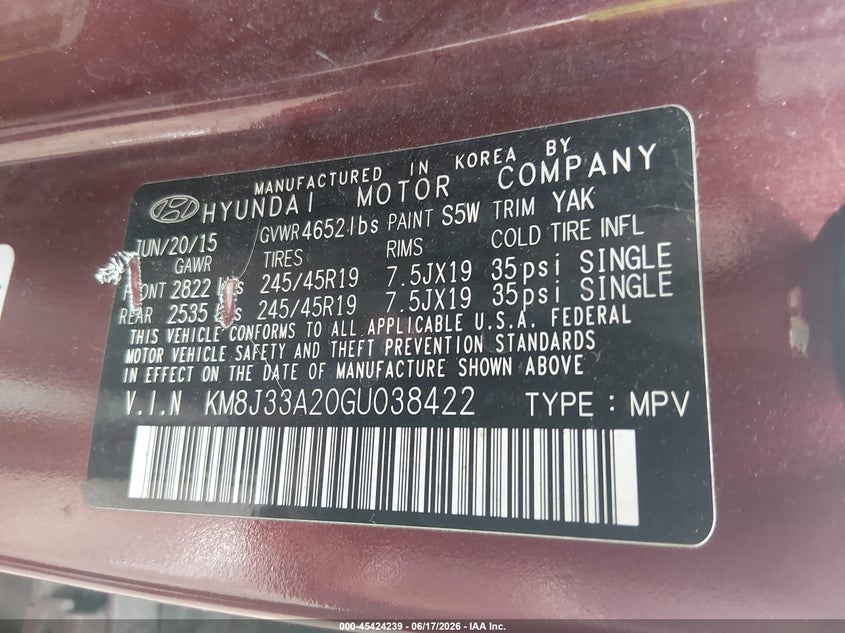 2016 Hyundai Tucson VIN KM8J33A20GU038422 IAAI salvage auction — NORMAL WEAR, Clear (Louisiana), sold $2,900 on 2026-07-20 (photo 9)