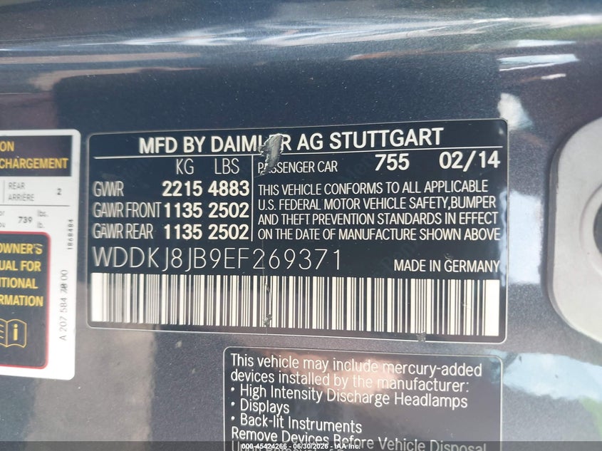 2014 Mercedes-benz E-klasse VIN WDDKJ8JB9EF269371 IAAI salvage auction — SIDE, Salvage Title, sold $1,725 on 2026-07-17 (photo 9)