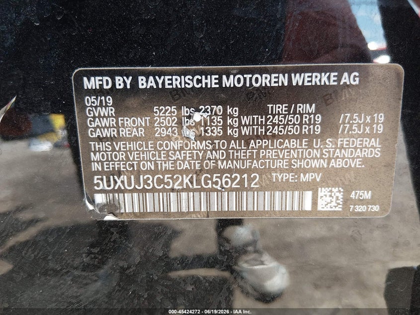 2019 BMW X4 VIN 5UXUJ3C52KLG56212 IAAI salvage auction — VANDALISM, Salvage Title, sold $10,900 on 2026-07-24 (photo 9)